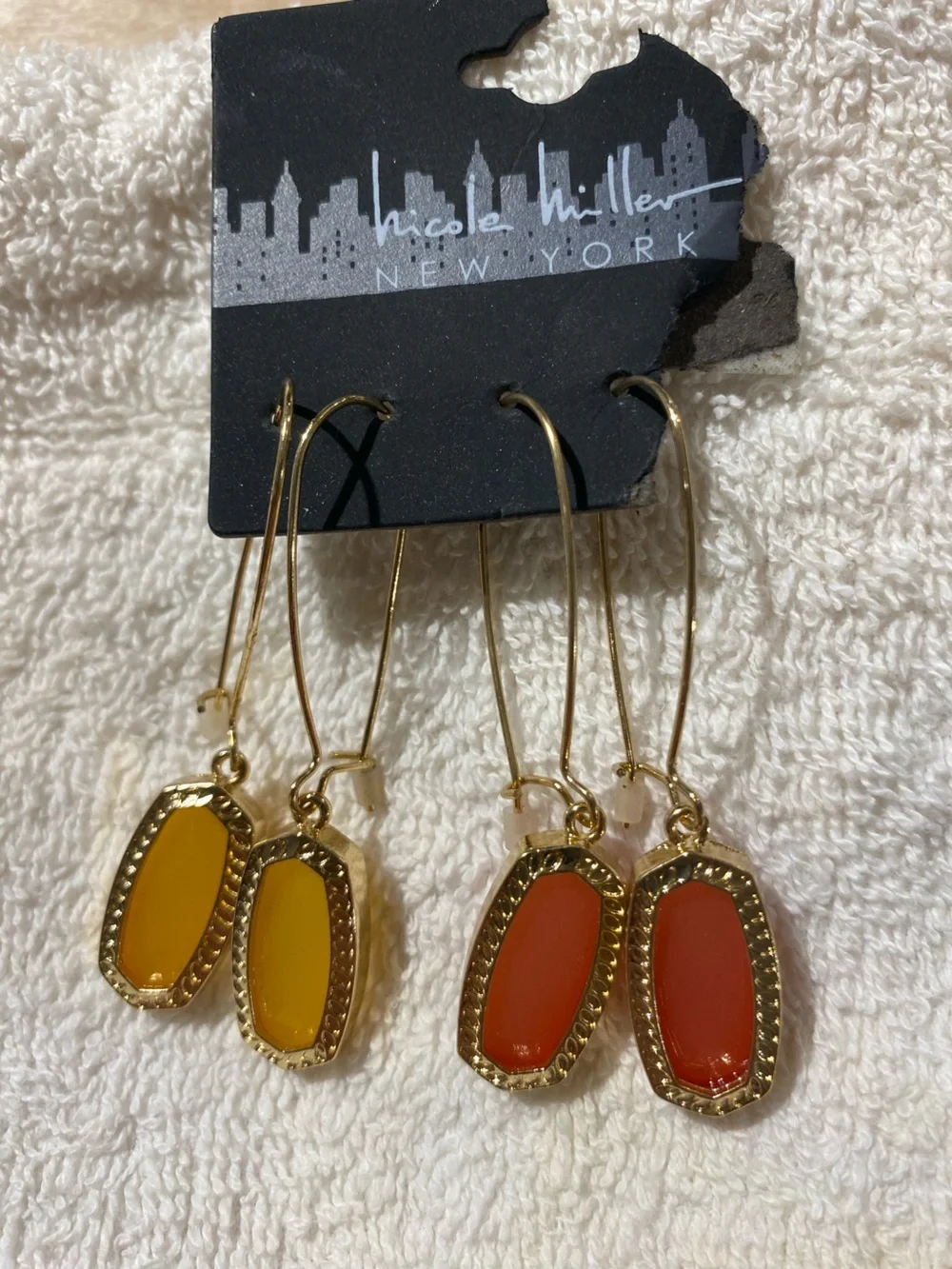 Two Nicole Miller Gold-Tone Drop Earrings with Yellow and Orange Stones (RR)